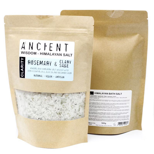Two packages of Ancient Wisdom Himalayan bath salt with visible contents and labels.
