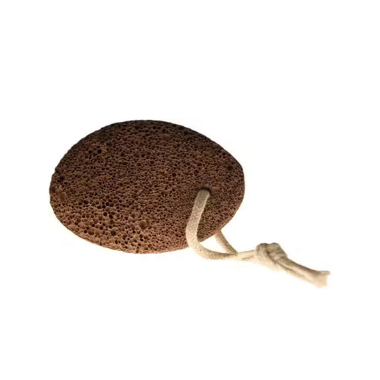 A brown porous sponge pad with a beige rope loop and knotted end, shown on a plain white background.