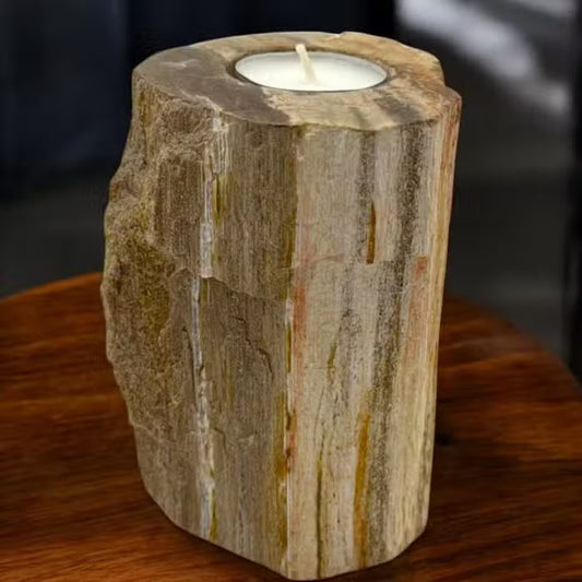 Decorative candle holder made of petrified wood on a wooden surface