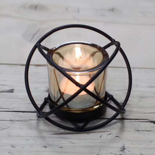 Geometric Iron & Amber Glass Votive Candle Holder