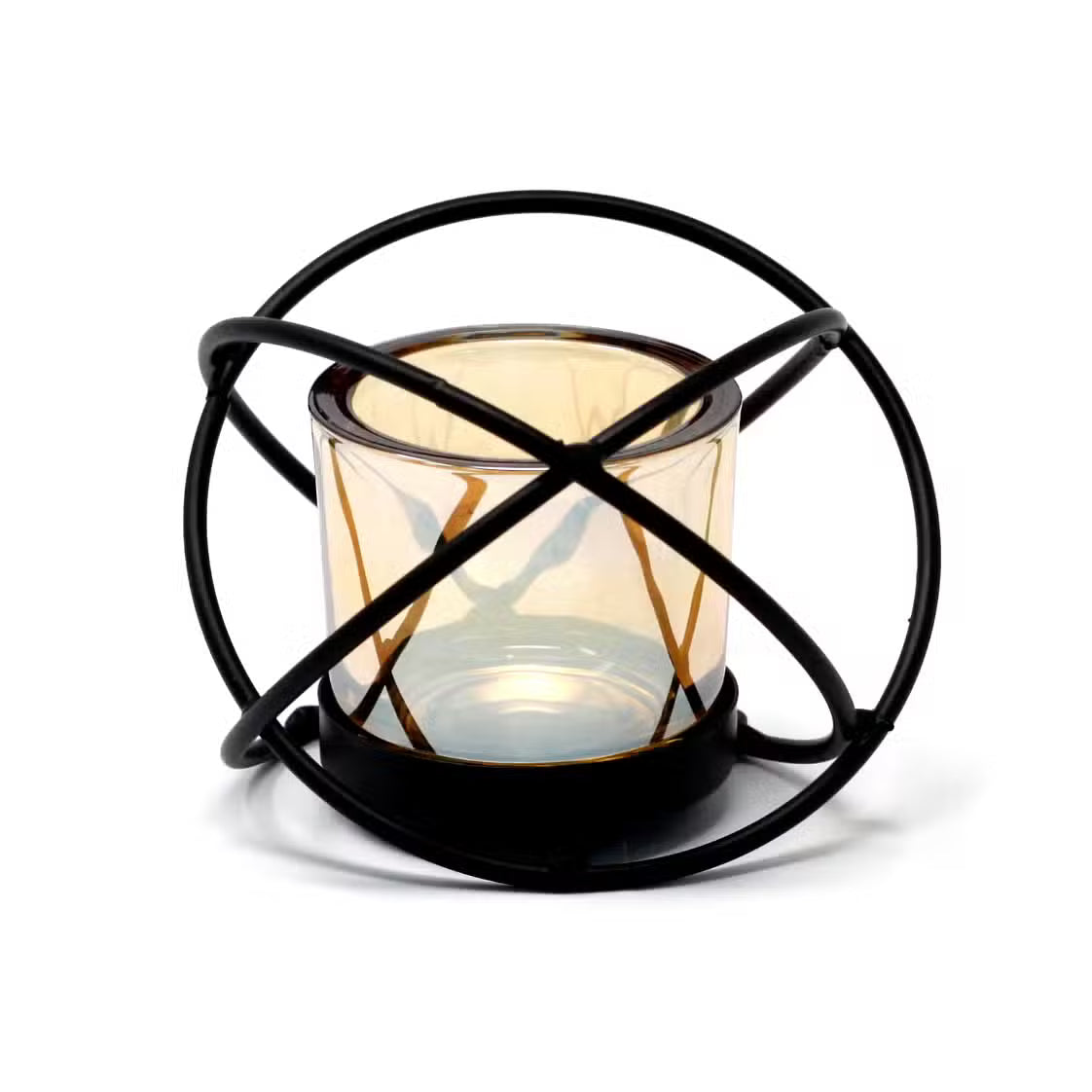 Geometric Iron & Amber Glass Votive Candle Holder