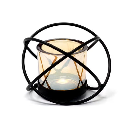 Geometric Iron & Amber Glass Votive Candle Holder