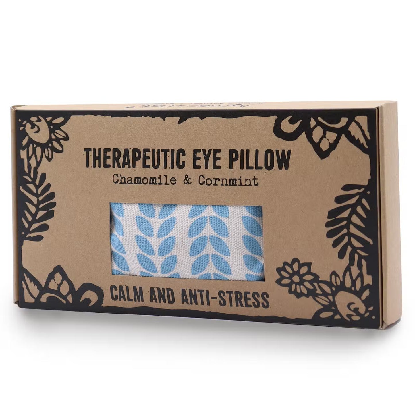 Boxed therapeutic eye pillow with chamomile and cornmint on a white background