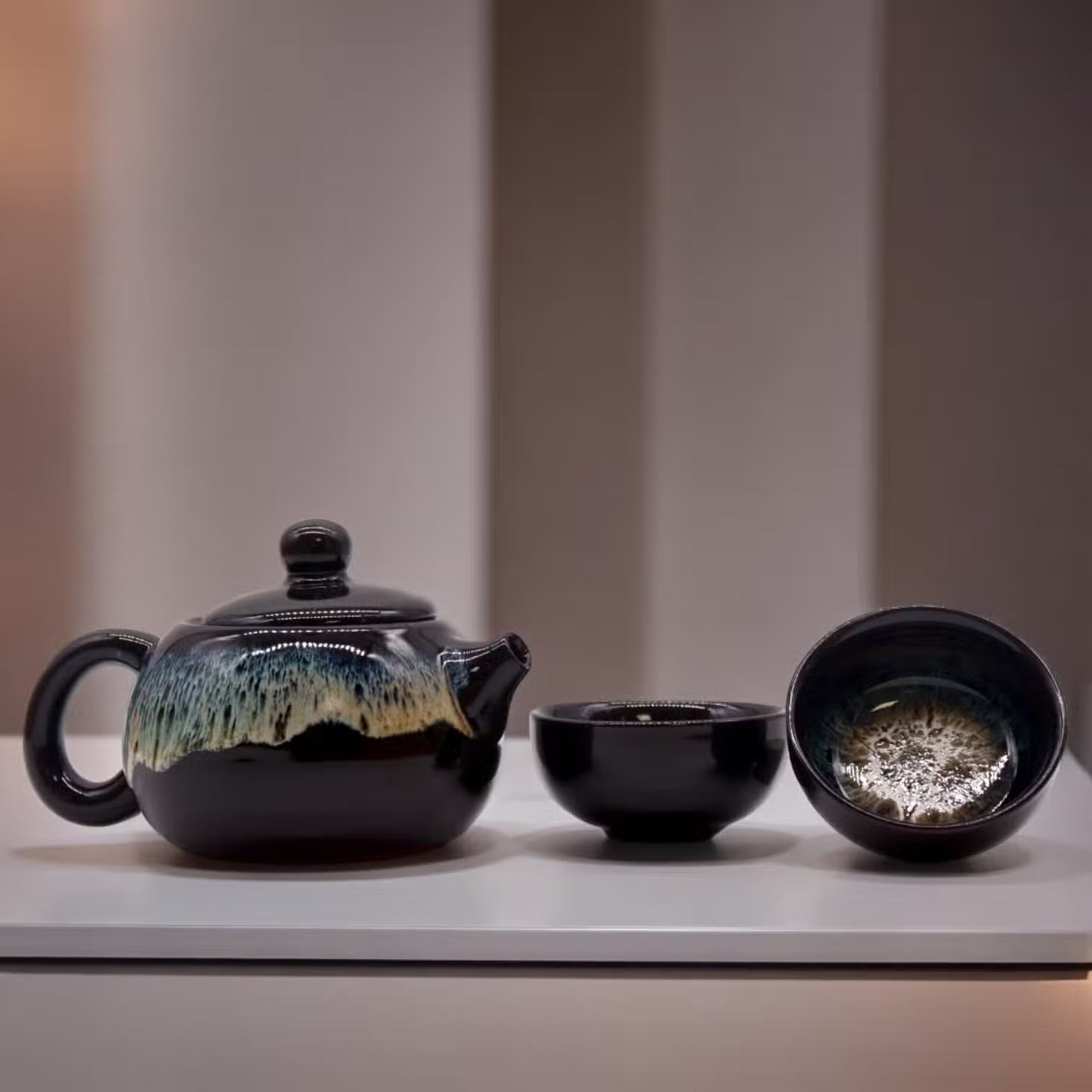 Black Glaze Ceramic Teapot & Two Cups Set