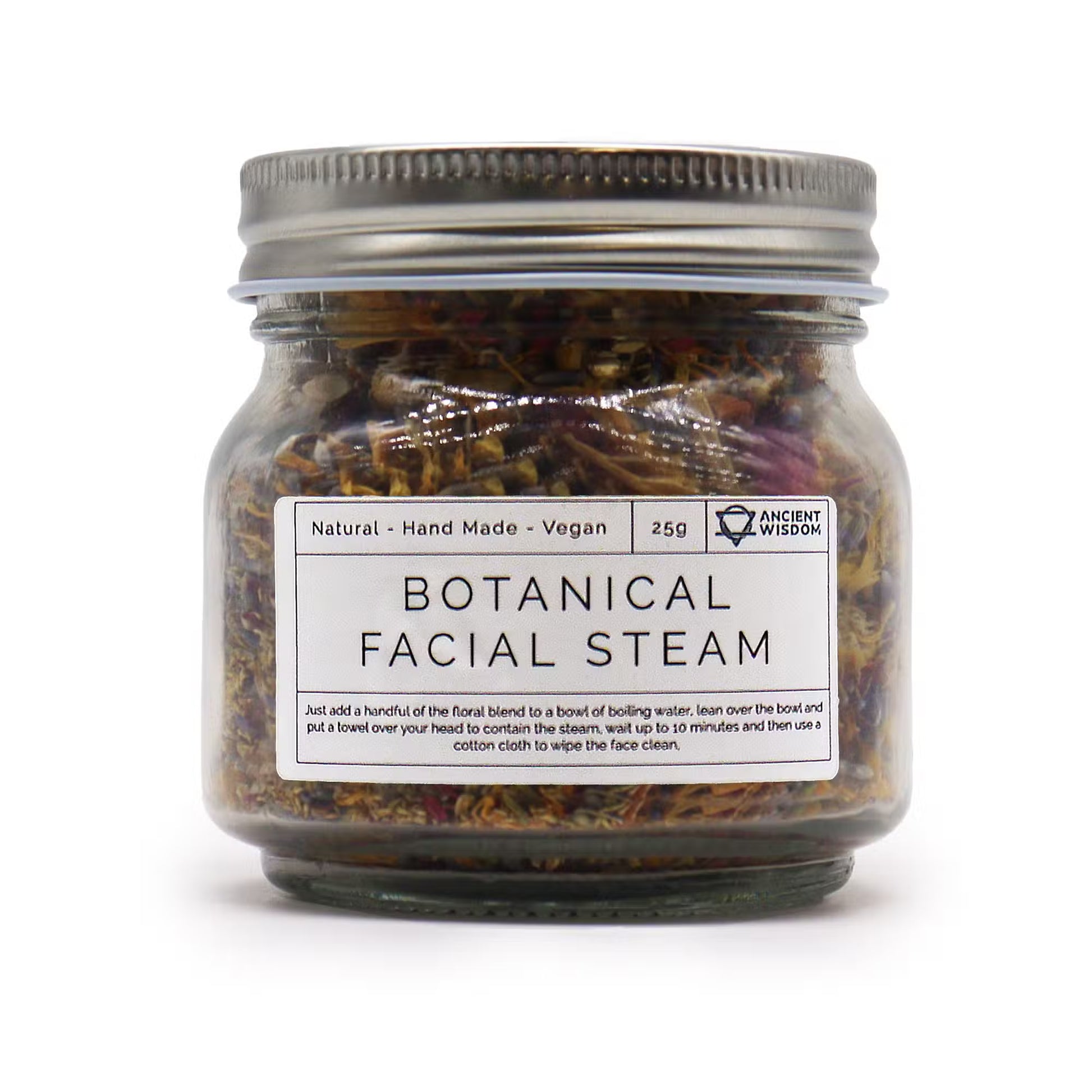 Jar of botanical facial steam with a label on a white background