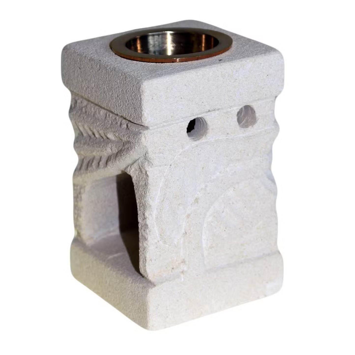 Decorative stone oil burner with a metal bowl on a white background