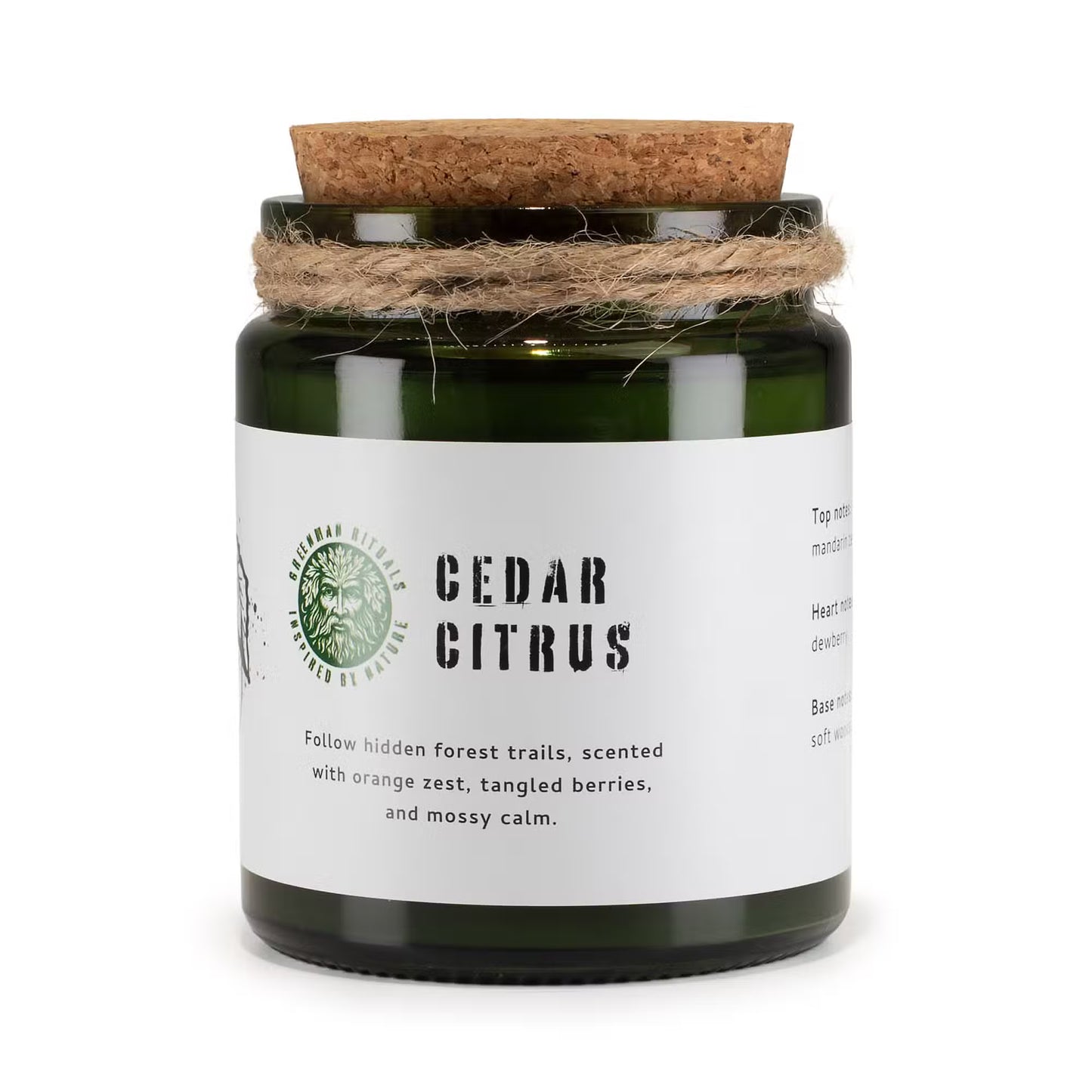Candle jar labeled 'Cedar Citrus' with a cork lid and twine, on a white background.