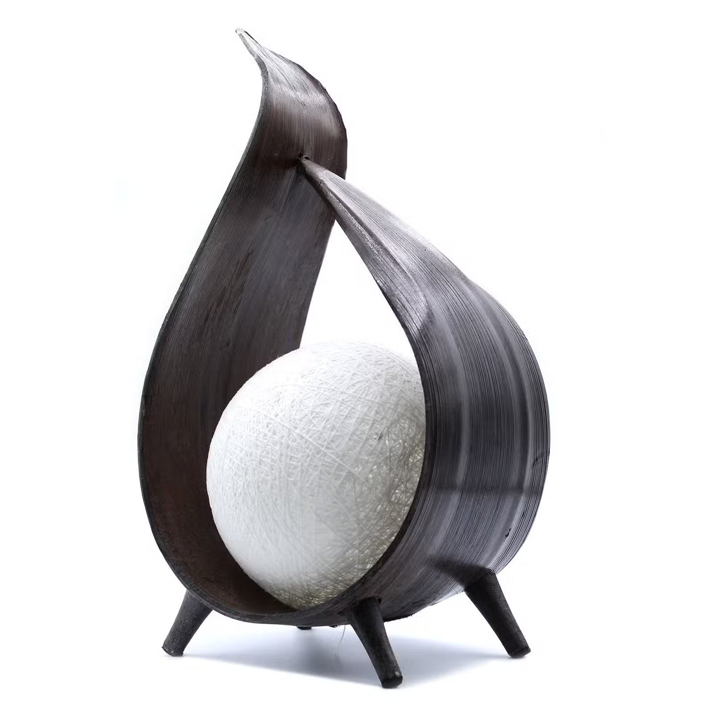 A modern sculptural chair with a dark wood teardrop-shaped frame and three legs, enclosing a white textured spherical cushion, shown on a plain white background.