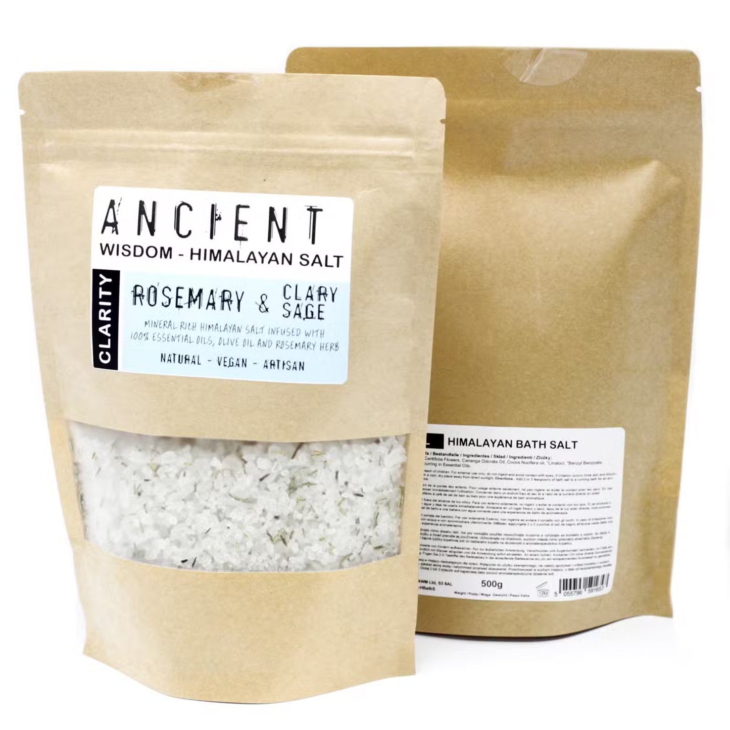 Two packages of Ancient Wisdom Himalayan bath salt with visible contents and labels.
