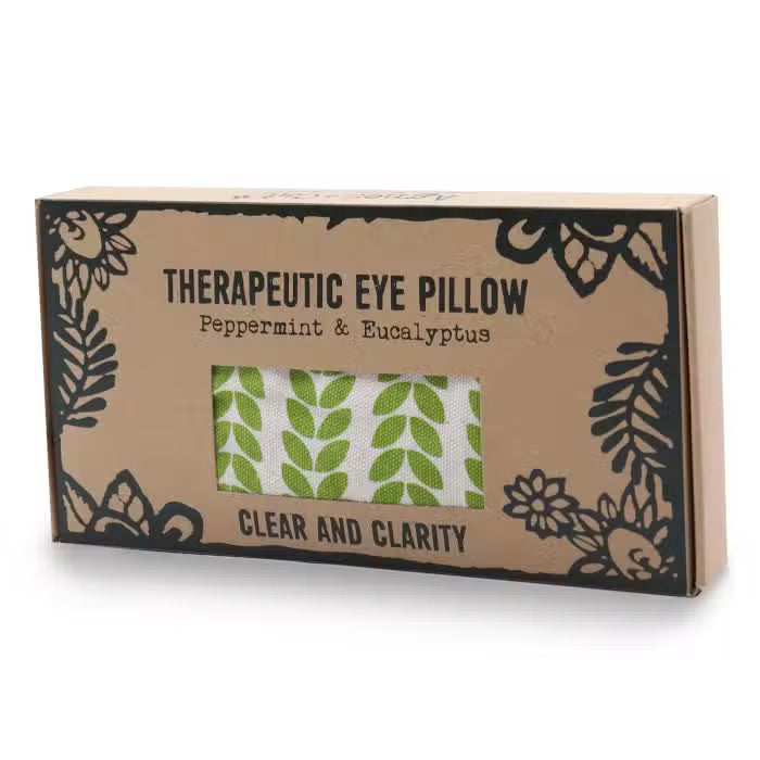 Boxed therapeutic eye pillow with peppermint and eucalyptus scent on a white background