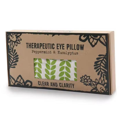 Boxed therapeutic eye pillow with peppermint and eucalyptus scent on a white background