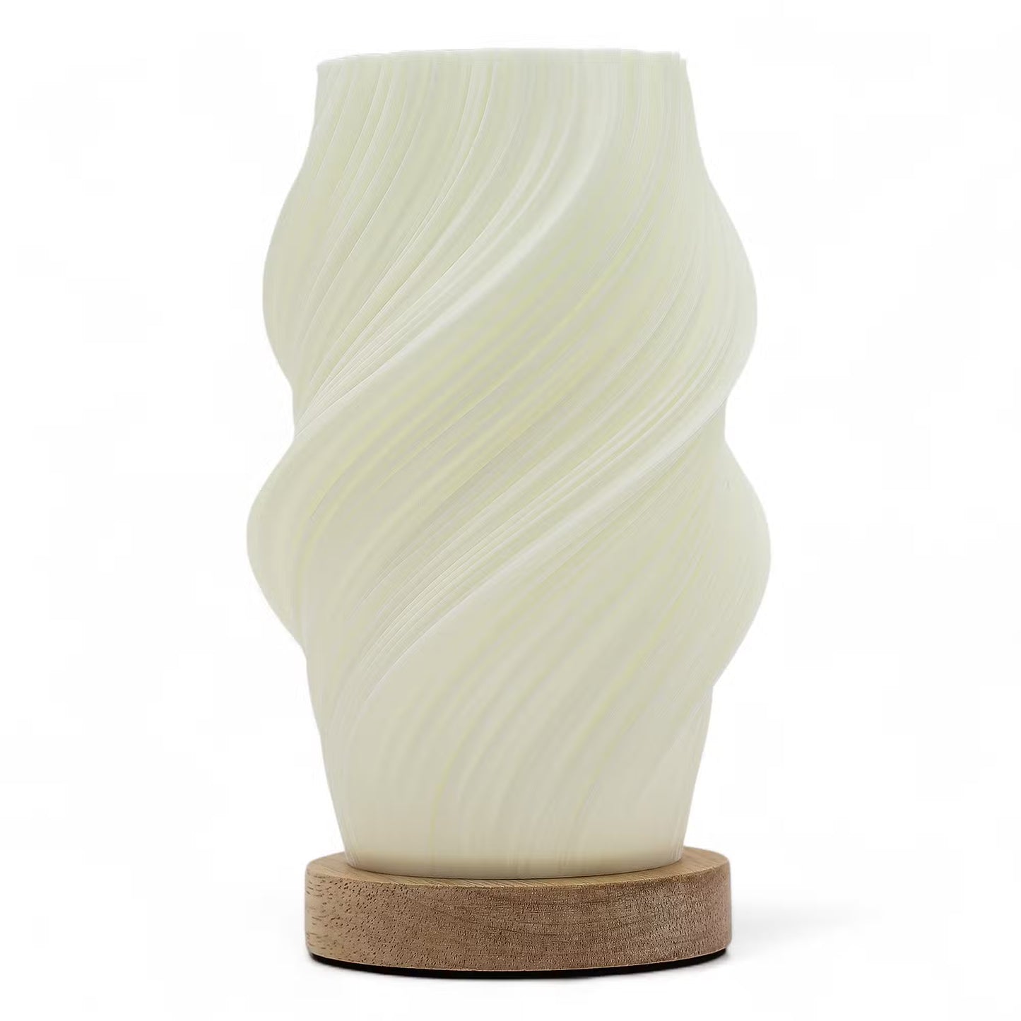 A sculptural table lamp with a wavy, ribbed translucent shade in an off-white finish, resting on a round natural wood base against a solid white background.