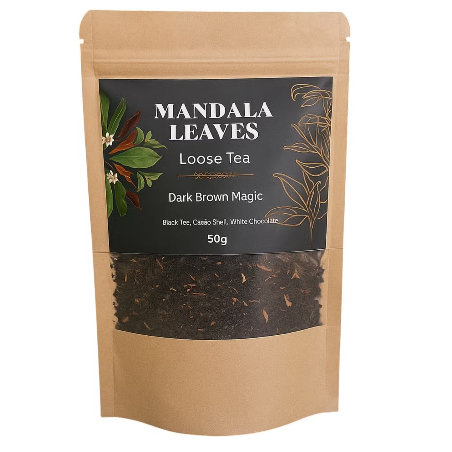 Mandala Leaves loose tea package with a clear window showing tea leaves.