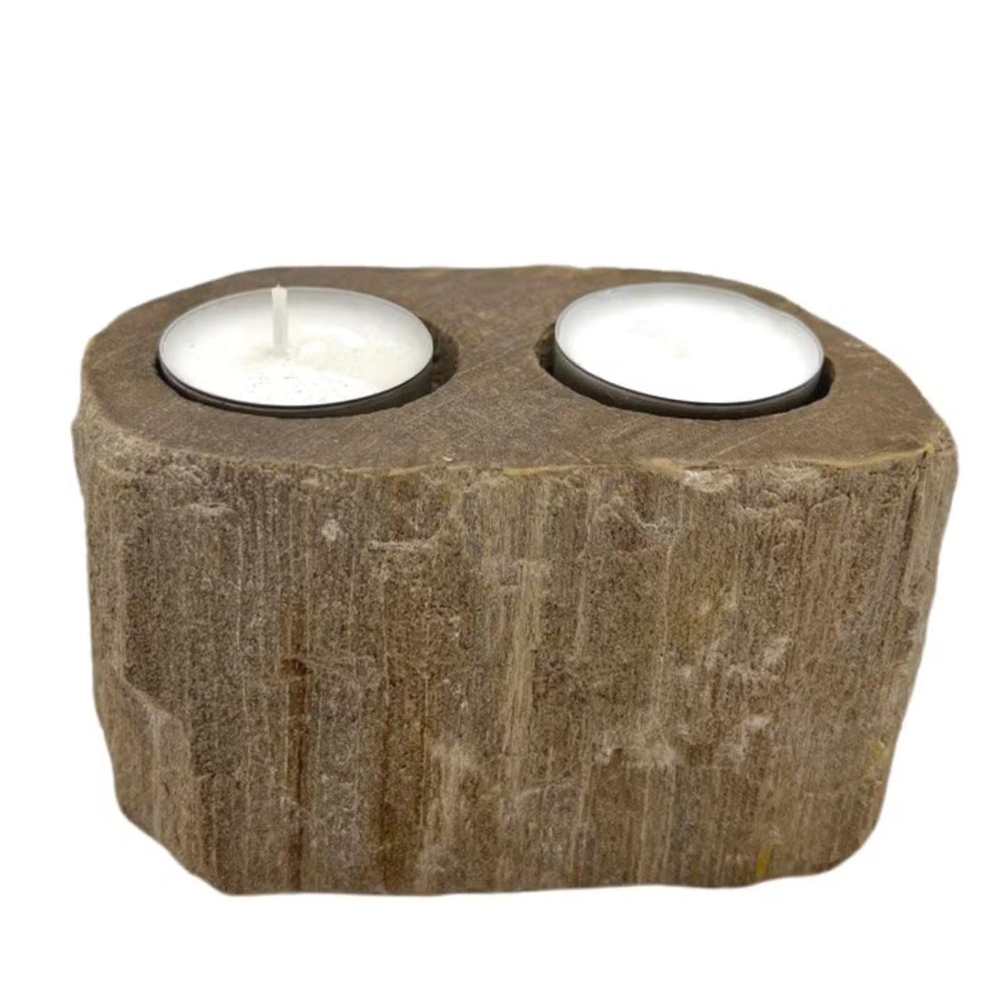 A rustic stone candle holder carved to hold two white tea light candles, shown against a plain white background.