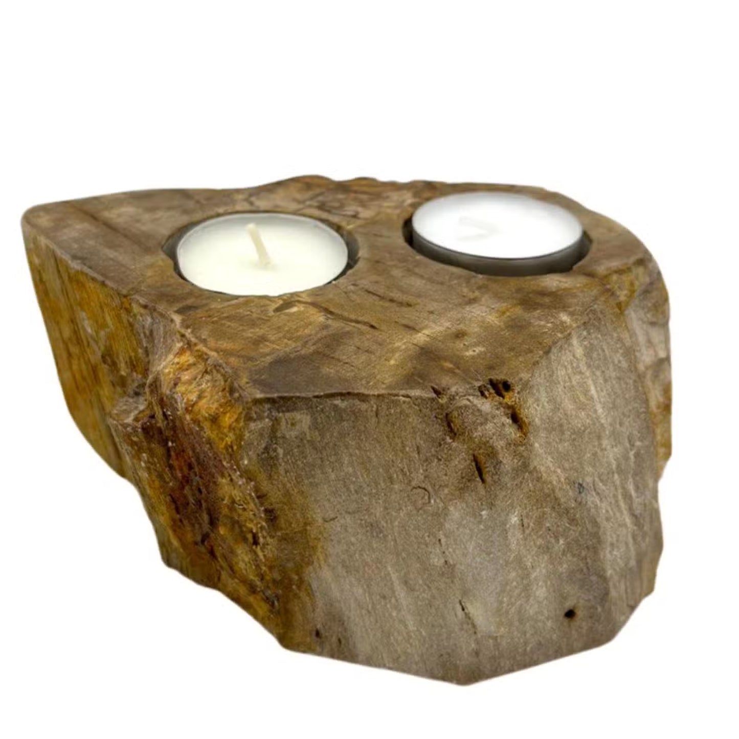 Tealight holder made of natural wood with two lit candles on a white background
