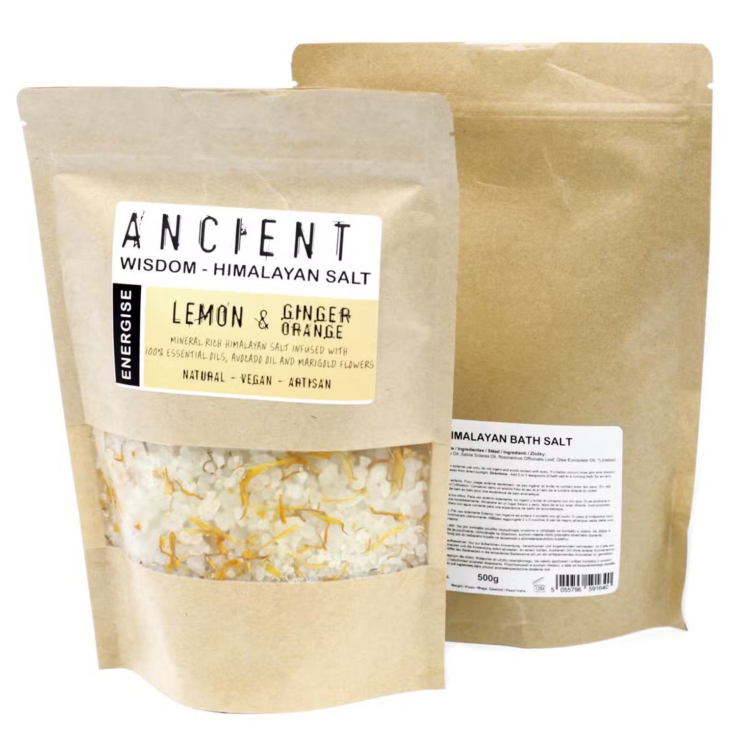 Himalayan bath salt packaging with 'Ancient Wisdom' branding on a white background