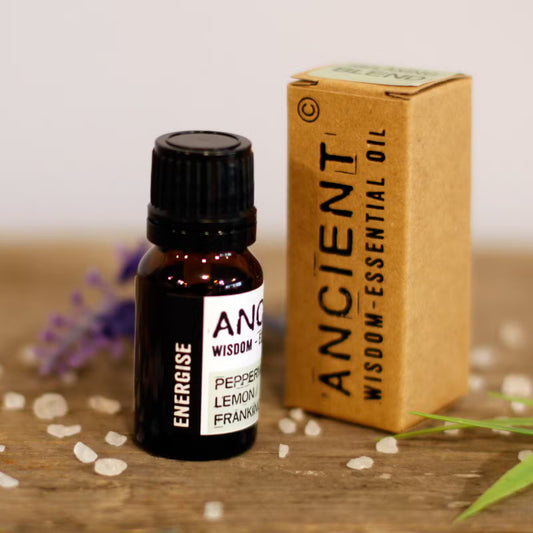 A small amber glass essential oil bottle with a black cap stands beside its kraft paper box on a wooden surface. The bottle label reads 'ENERGISE' and 'ANCIENT WISDOM FRANKFURT', and the box reads 'ANCIENT WISDOM ESSENTIAL OIL'.