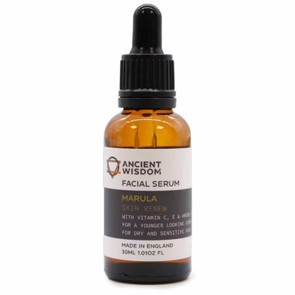 An amber glass dropper bottle of Ancient Wisdom Facial Serum with a black dropper cap and a white and dark gray label, set against a plain white background.