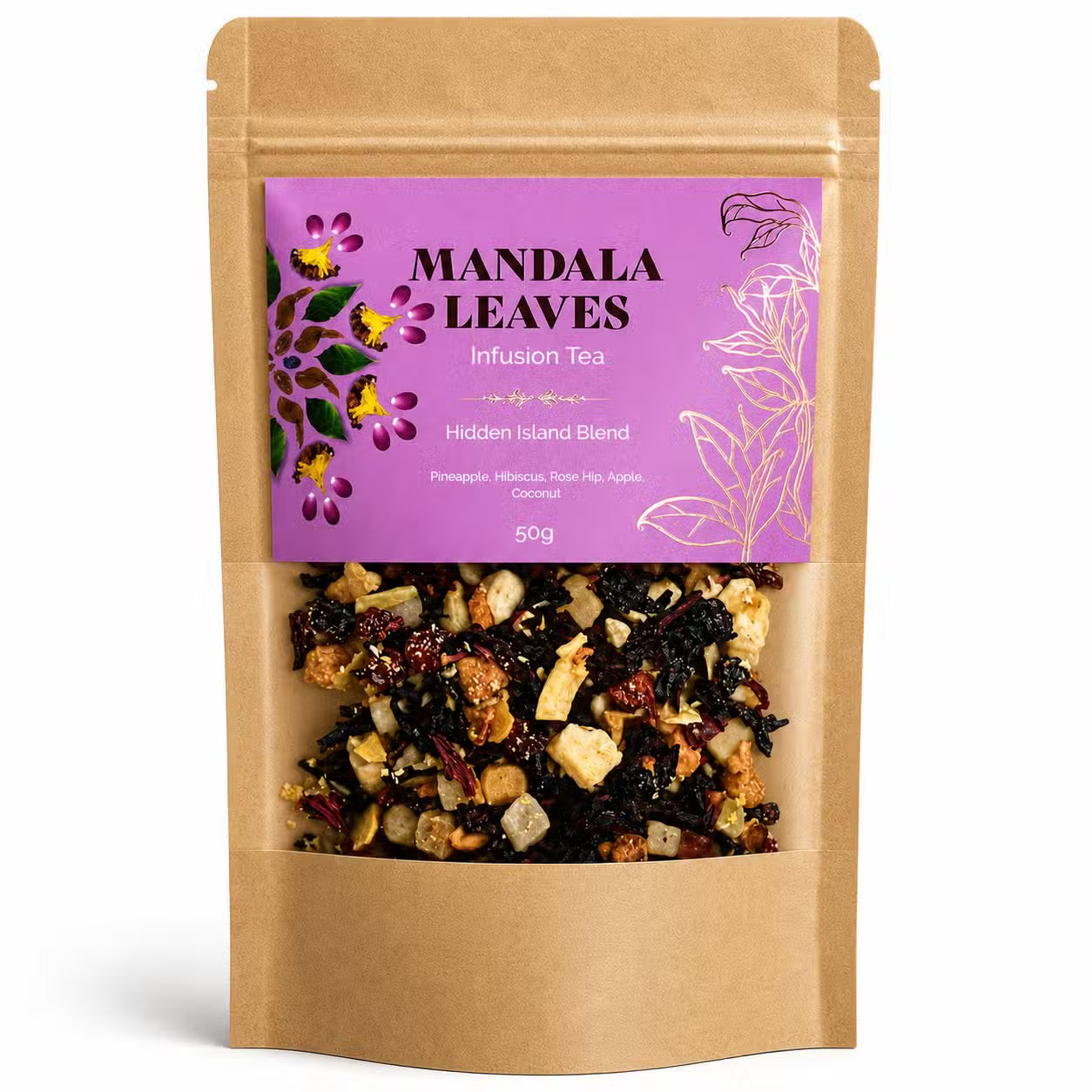 Mandala Leaves tea package with a purple label on a white background