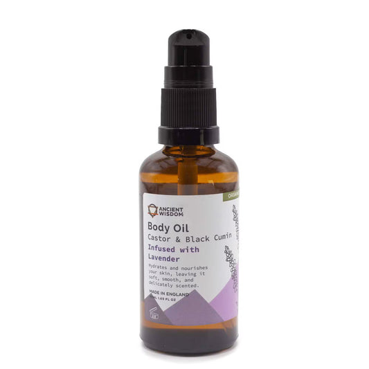 Body oil bottle with a label on a white background