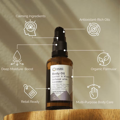 Body oil bottle with label and features on a wooden surface