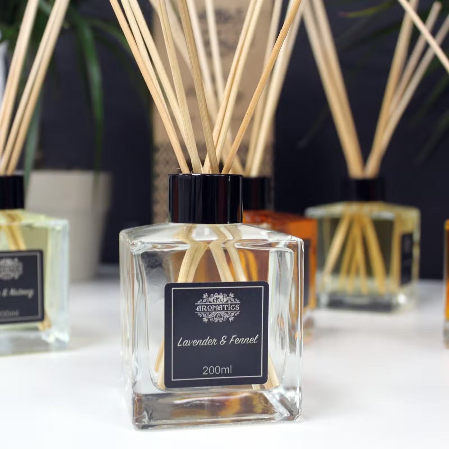 Reed diffuser with wooden sticks and a black label on a white surface.