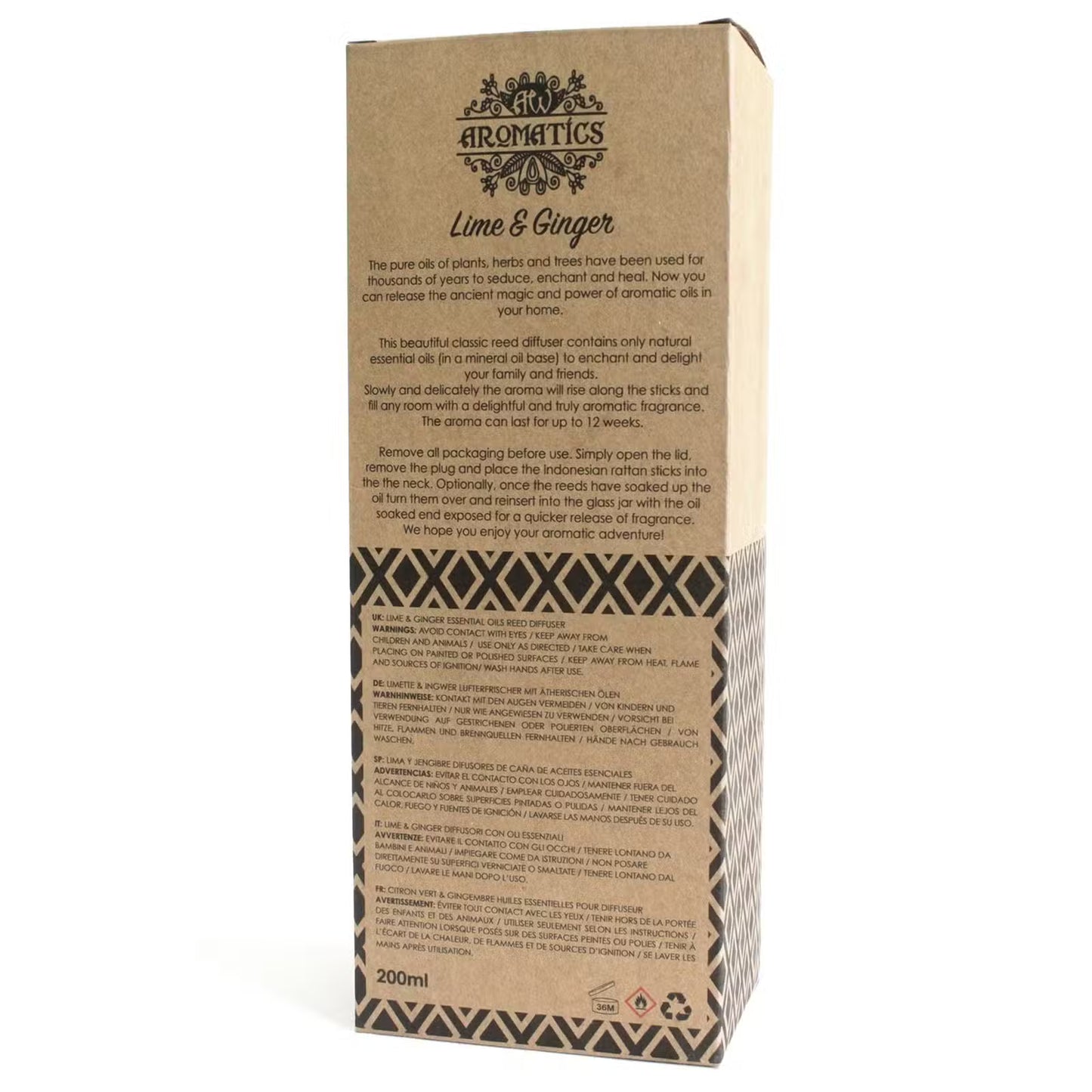 Aromatics Lime & Ginger essential oil packaging with text and branding on a white background
