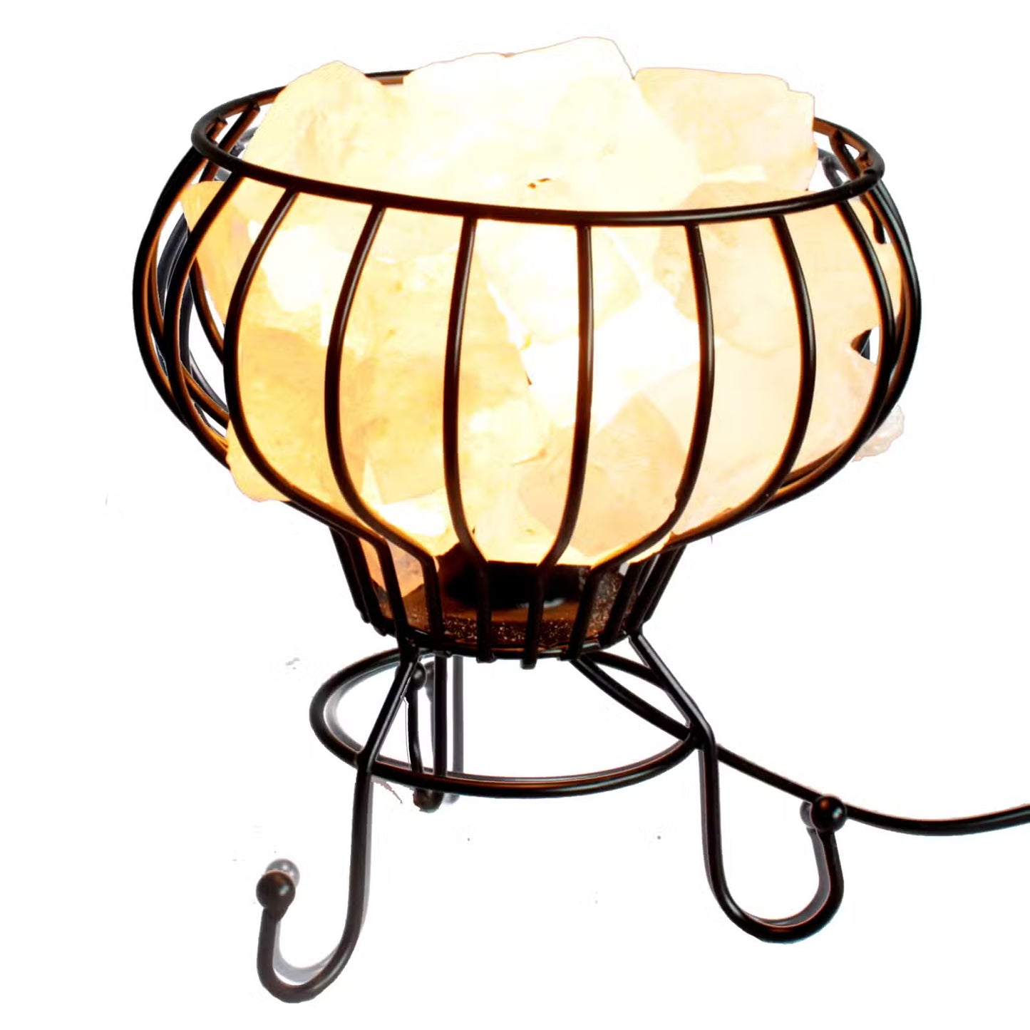 Decorative lamp with a wire cage design on a white background
