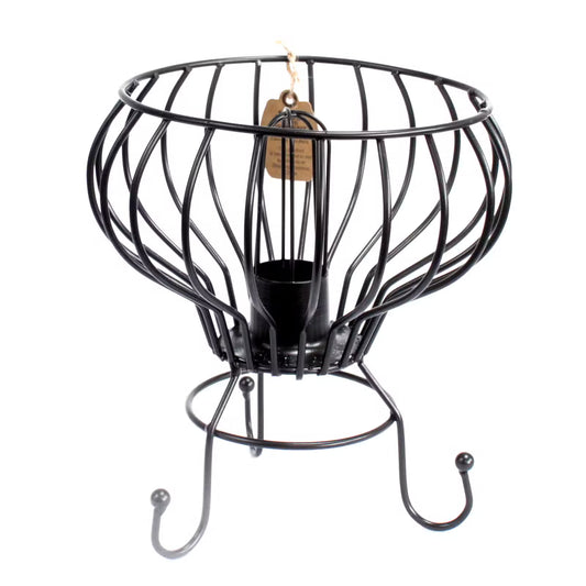 Black wire basket with a hook on a white background