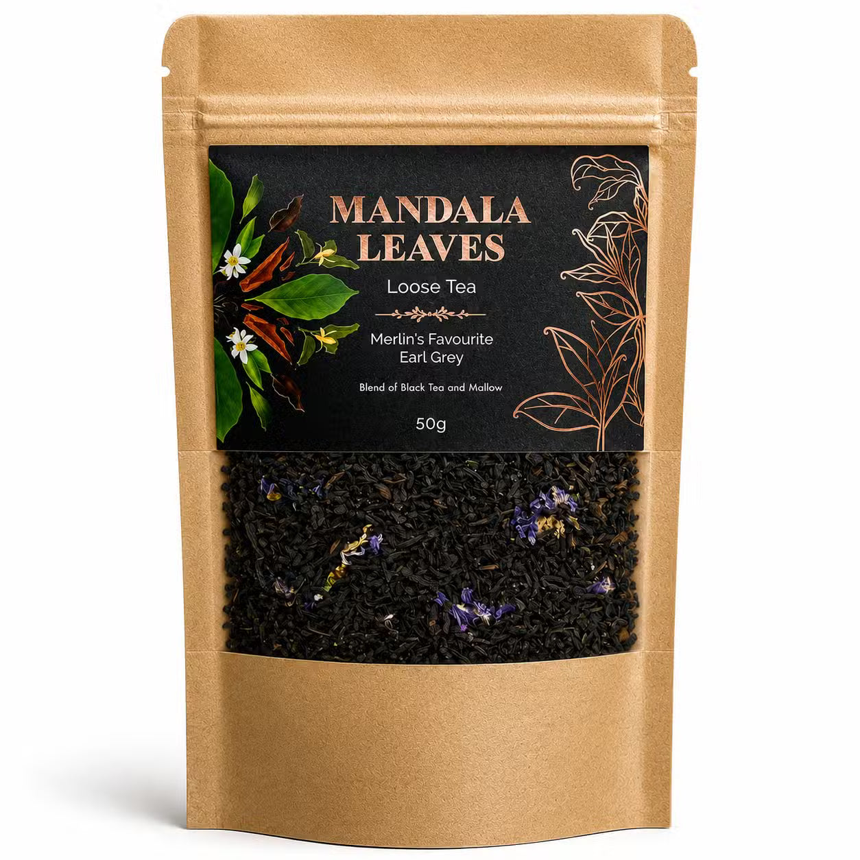 Mandala Leaves loose tea package on a white background