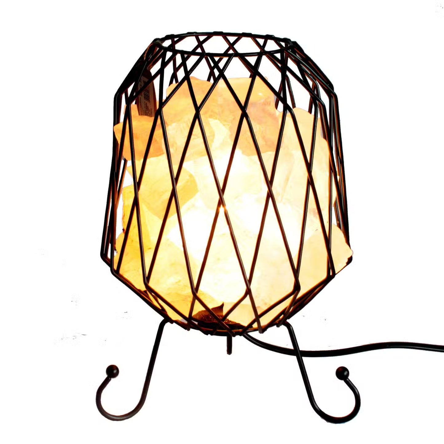 Decorative lamp with geometric wire design on a white background