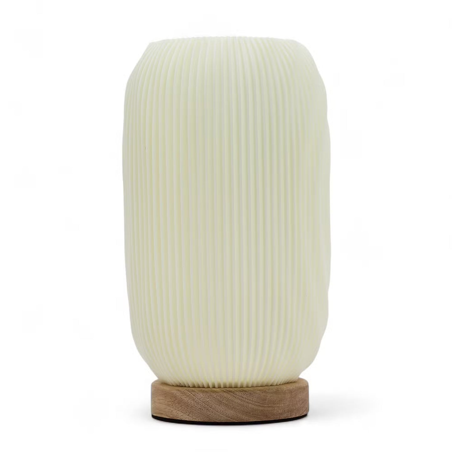 A modern table lamp featuring a ribbed, pleated off-white shade on a round natural wood base, set against a plain white background.