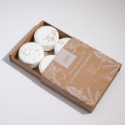 Box of shower steamers with a brown cardboard packaging on a white background