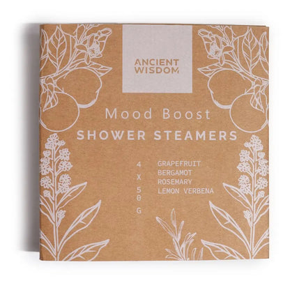 Ancient Wisdom Mood Boost Shower Steamers in a kraft paper box with white botanical illustrations and text listing grapefruit, bergamot, rosemary, lemon verbena, and x 50g.
