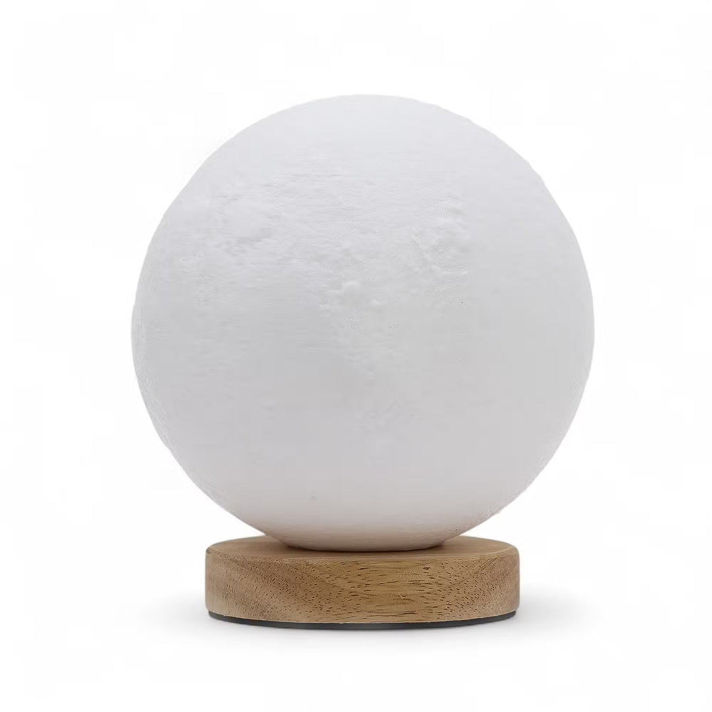 A 3D-effect textured white moon lamp on a round natural wood base, set against a plain white background.