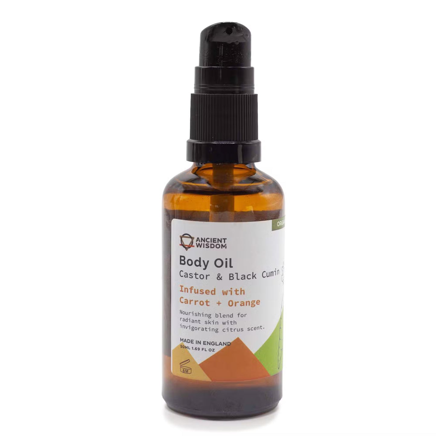 Body oil bottle with label on a white background
