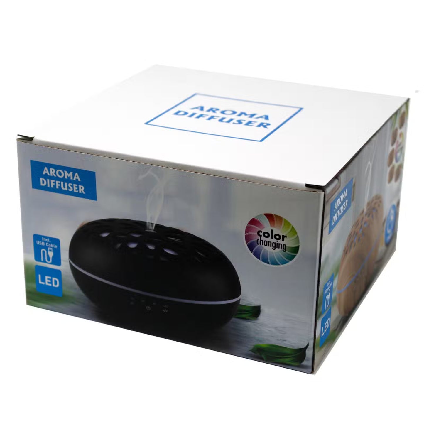 Box packaging of an aroma diffuser with product image and features on a white background