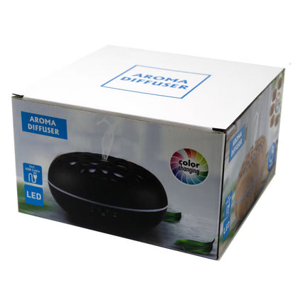 Box packaging of an aroma diffuser with product image and features on a white background