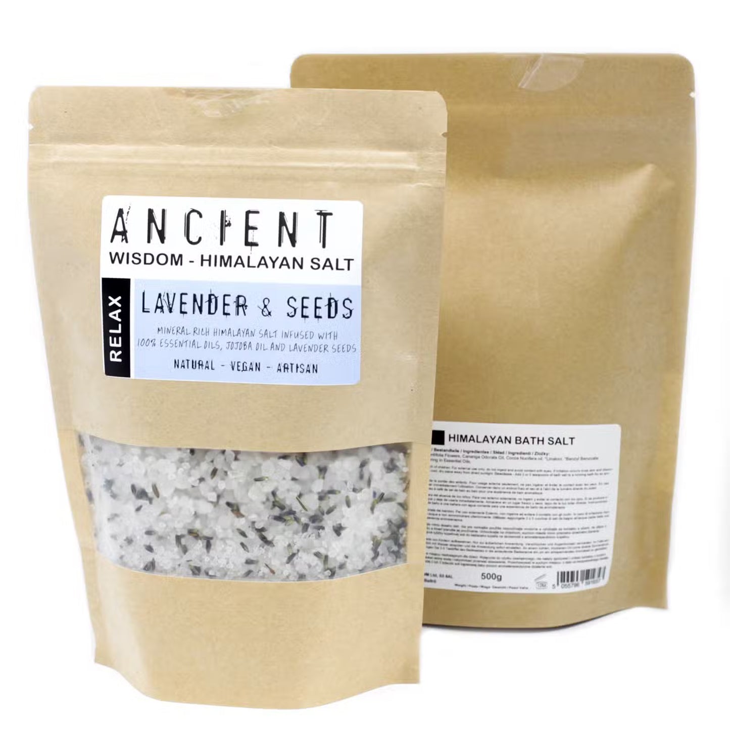Two packages of Ancient Wisdom Himalayan salt with lavender and seeds on a white background