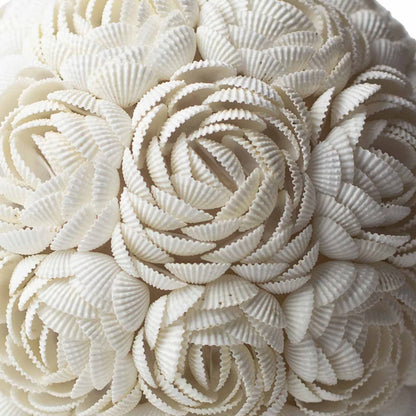 Close-up of white seashells arranged in a decorative pattern