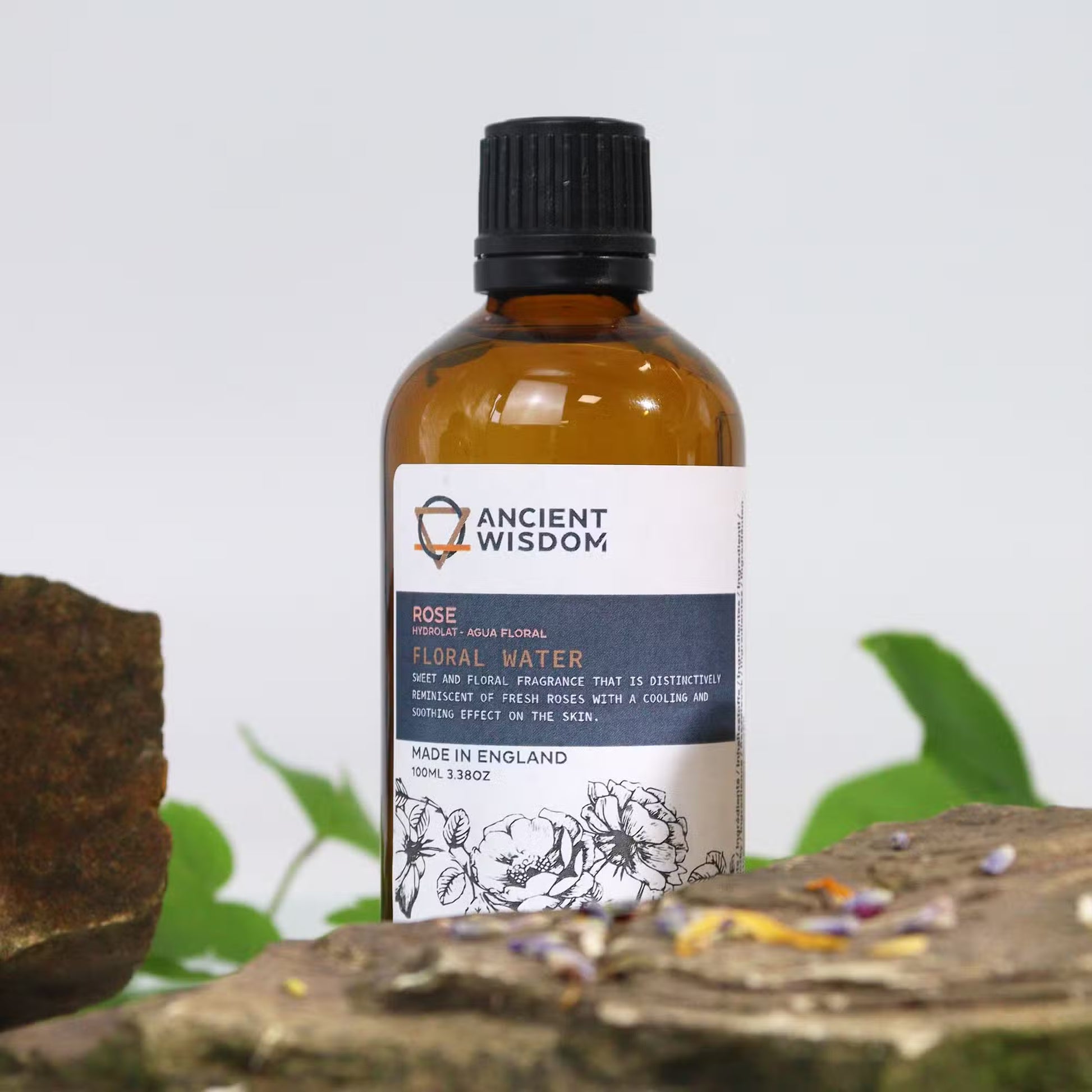 Bottle of Ancient Wisdom floral water on a natural background