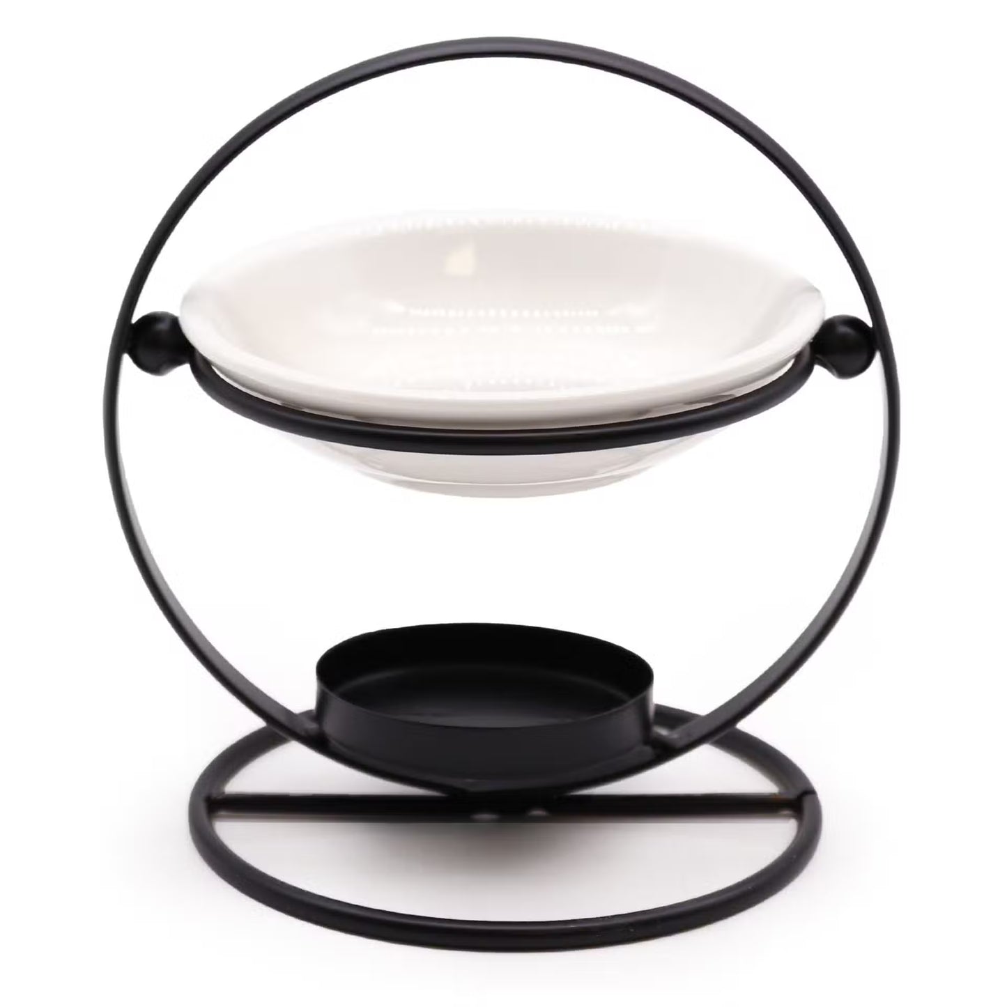 A black metal circular holder with a white ceramic dish resting on its upper ring and a small black tray on the base, photographed against a plain white background.