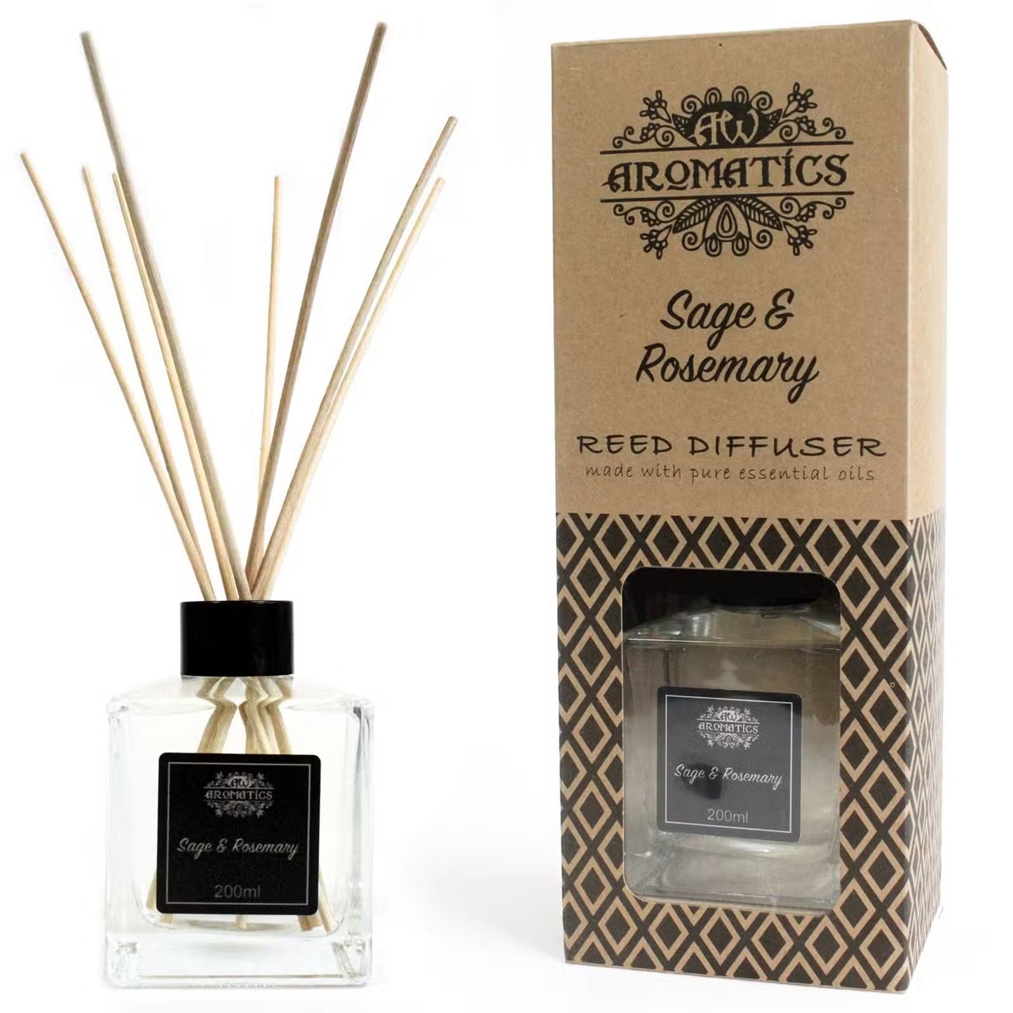 Sage & Rosemary reed diffuser with packaging on a white background