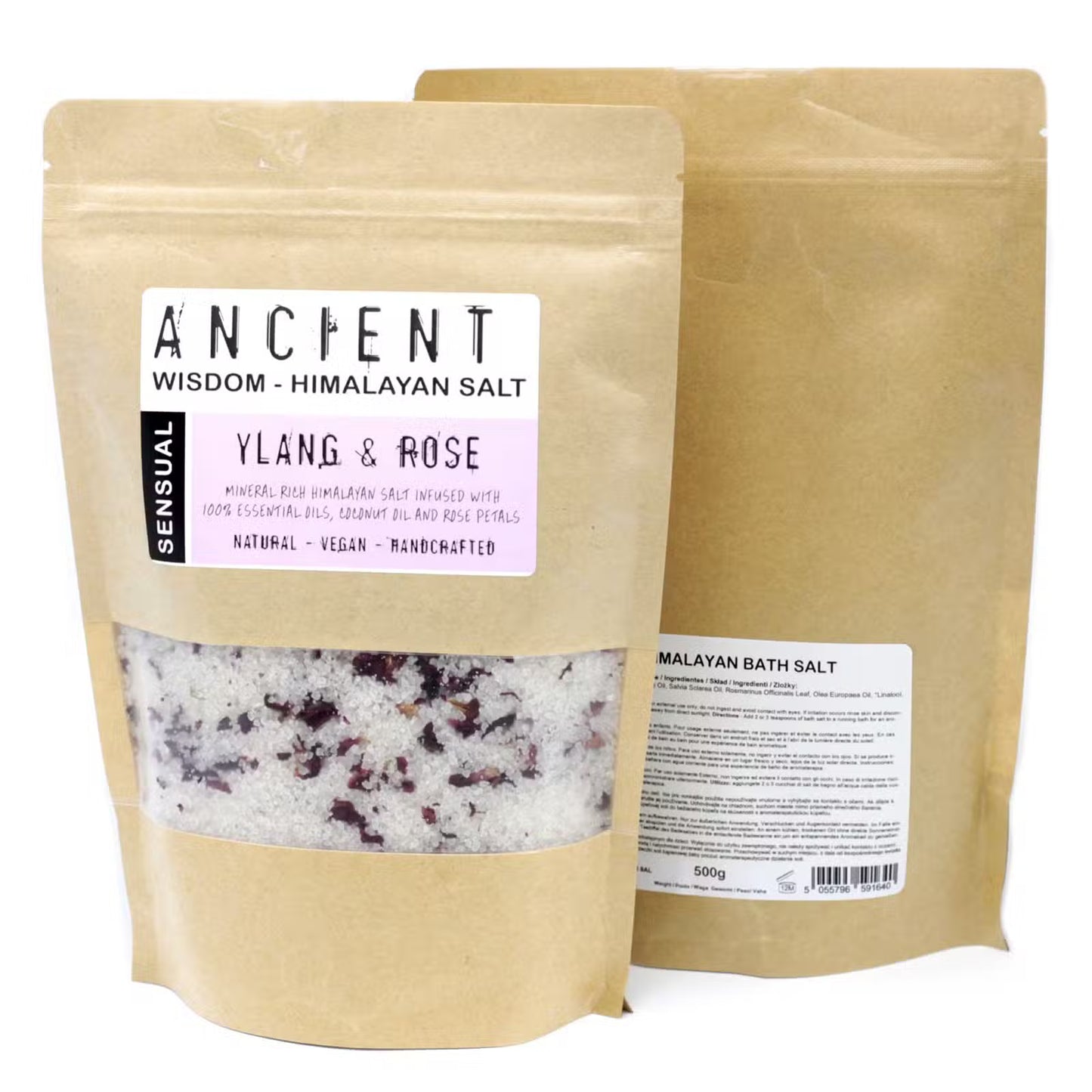 Two packages of Ancient Wisdom Himalayan Salt with visible labels on a white background