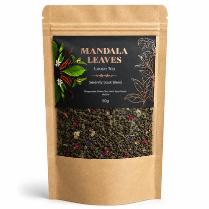 Mandala Leaves loose tea package on a white background