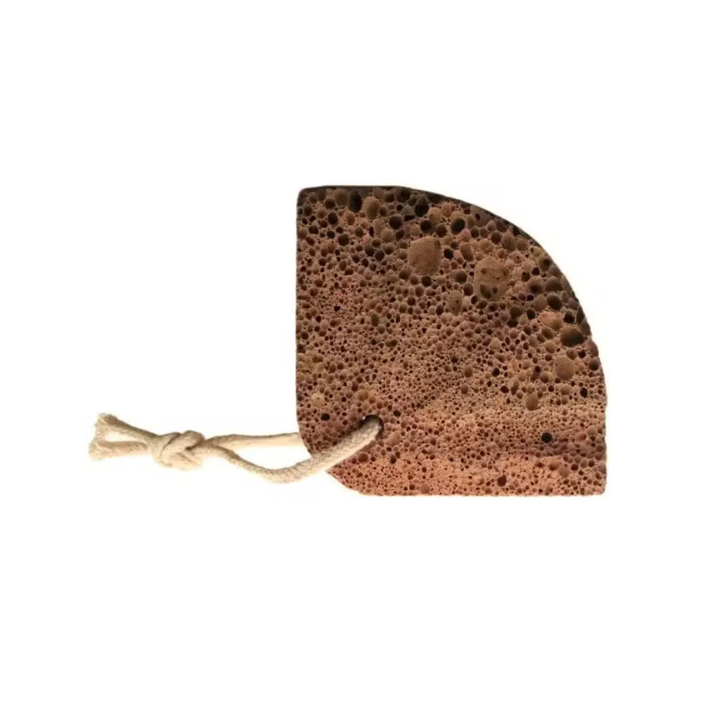 A brown porous sponge scrubber with a beige rope loop and knot, shown on a plain white background.