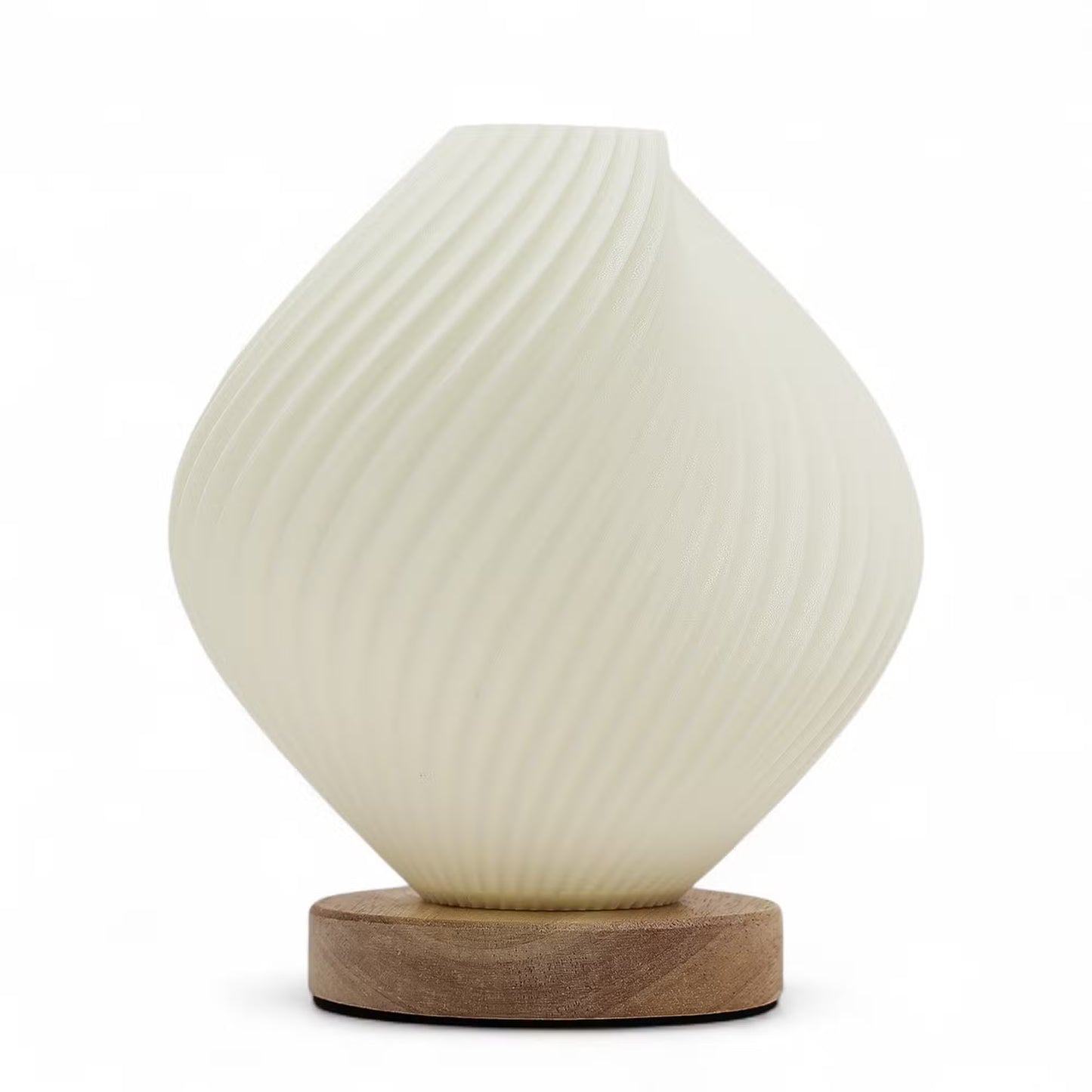 A modern table lamp with a ribbed, teardrop-shaped off-white shade resting on a round natural wood base, set against a plain white background.