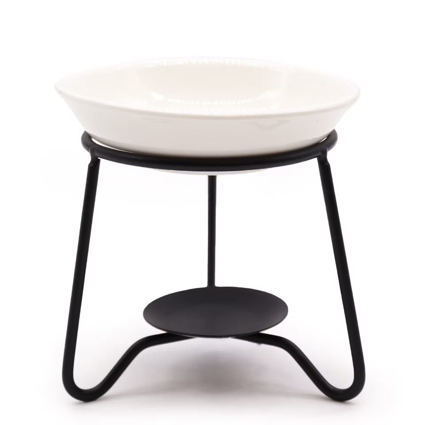 A white ceramic bowl with a beaded rim sits on a black metal stand featuring a curved tripod base and a circular shelf.