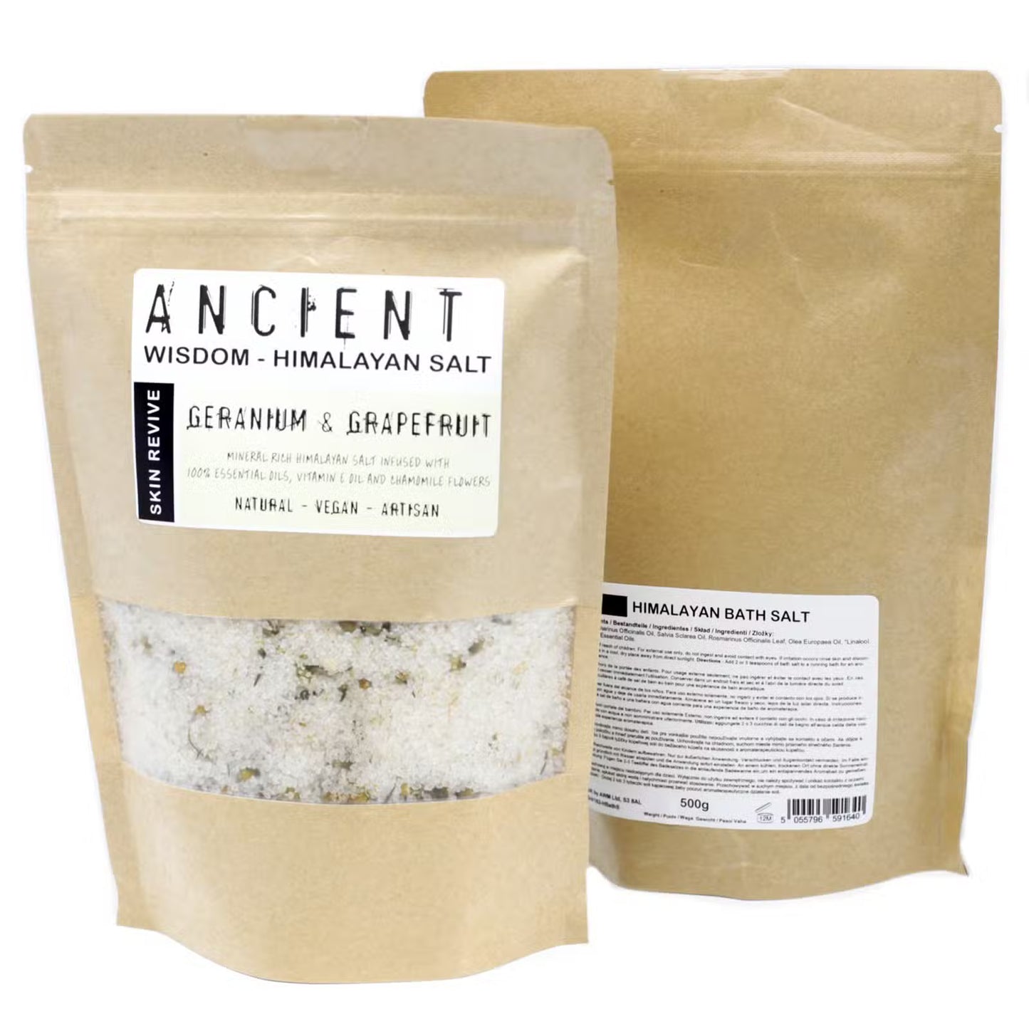 Two packages of Ancient Wisdom Himalayan Bath Salt with visible labels on a white background