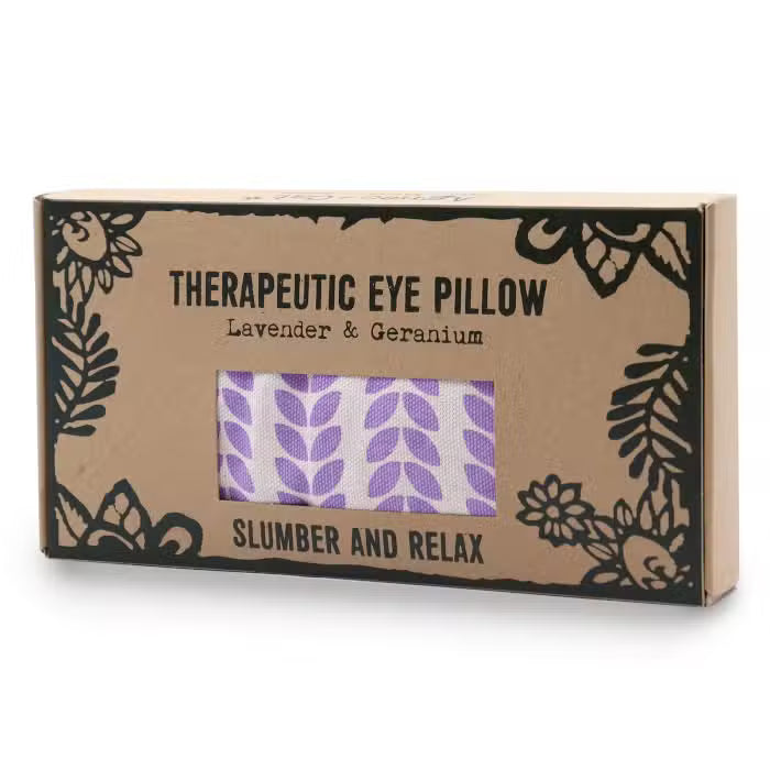 Box of a therapeutic eye pillow with lavender and geranium scent on a white background